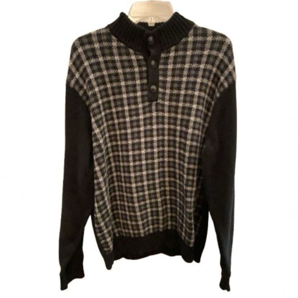 Chaps Ralph Lauren Men’s Xl Sweater Cotton Black Gray Plaid Mock Neck Button Top
